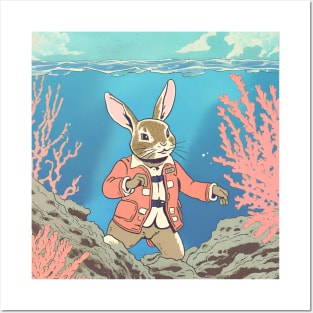 Snorkeling in Deep Underwater Cute Rabbit Owner Adventure Scuba Diving Dream Posters and Art